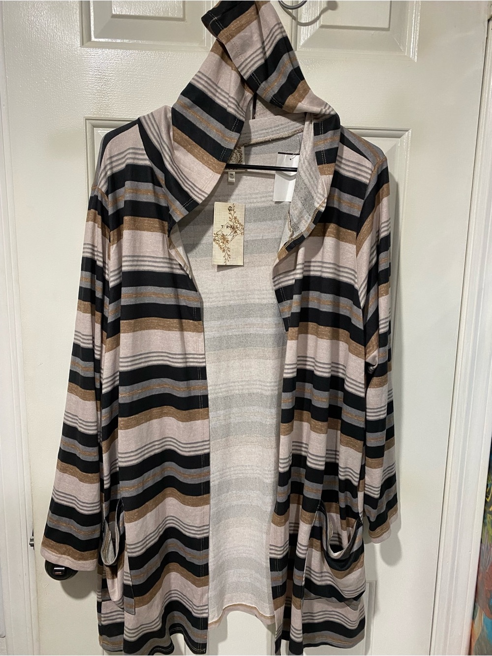 Striped Open-Front Hooded Cardigan Jacket - Black & Taupe